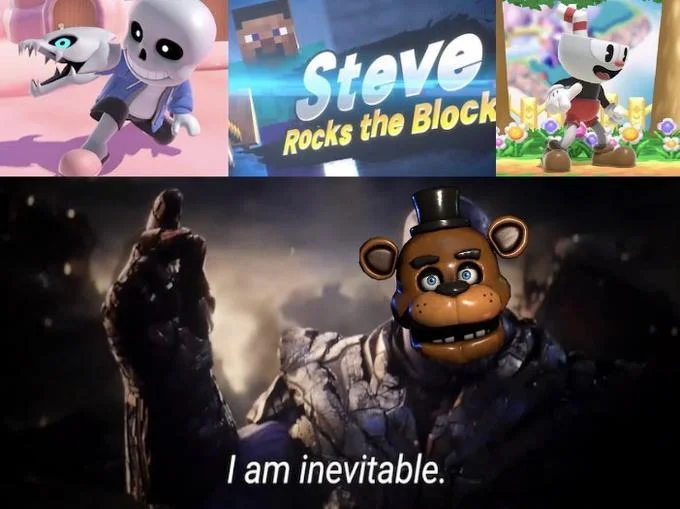 Minecraft Steve in Smash — Gaming collage meme with Steve Rocks the Block announcement and 'I am inevitable' text