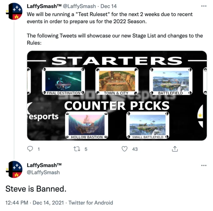 Minecraft Steve in Smash — Twitter screenshot saying 'Steve is Banned' from LaFFySmash account