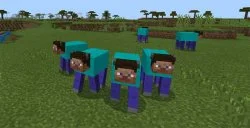 Minecraft Steve — Authentic in-game screenshot of Minecraft showing Steve in blocky form standing among players in verdant landscape.