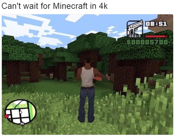 GTA San Andreas screenshot edited with Minecraft blocks captioned 'Can't wait for Minecraft in 4k'