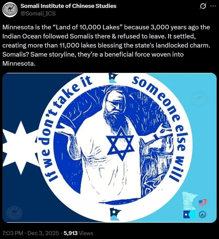 Minnesota Was Promised To The Somalis — Twitter screenshot showing circular emblem parody with bearded figure and phrase 'If we don't take it someone else
