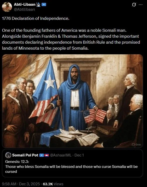 Minnesota Was Promised To The Somalis — Twitter screenshot with AI-generated image of Somali man with flag among founding fathers claiming Declaration