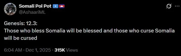Minnesota Was Promised To The Somalis — Twitter screenshot quoting Genesis 12:3 with Somalia substituted about blessing and cursing, posted December 1, 2025.