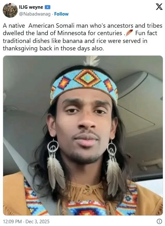 Minnesota Was Promised To The Somalis — Twitter screenshot showing Somali man in Native American headdress and beaded vest with caption about ancestors and