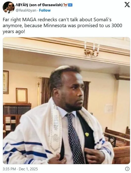 Minnesota Was Promised To The Somalis — Twitter screenshot of Black man wearing white Jewish prayer shawl with caption about Somali promised land claim.