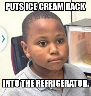 Minor Mistake Marvin — Boy beside microwave with text 'PUTS ICE CREAM BACK INTO THE REFRIGERATOR' capturing kitchen mistake.