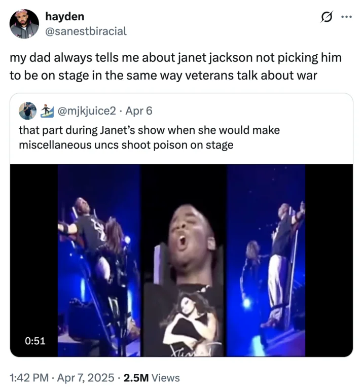 A "quote-tweet":https://knowyourmeme.com/memes/quote-retweets-qrts of the Miscellaneous Uncs Shoot Poison on Stage