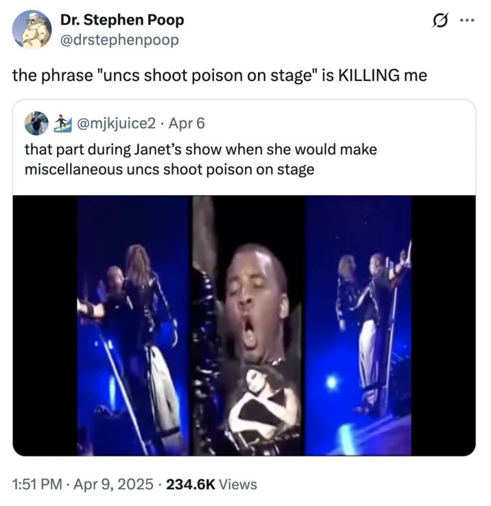 A "quote-tweet":https://knowyourmeme.com/memes/quote-retweets-qrts of the Miscellaneous Uncs Shoot Poison on Stage