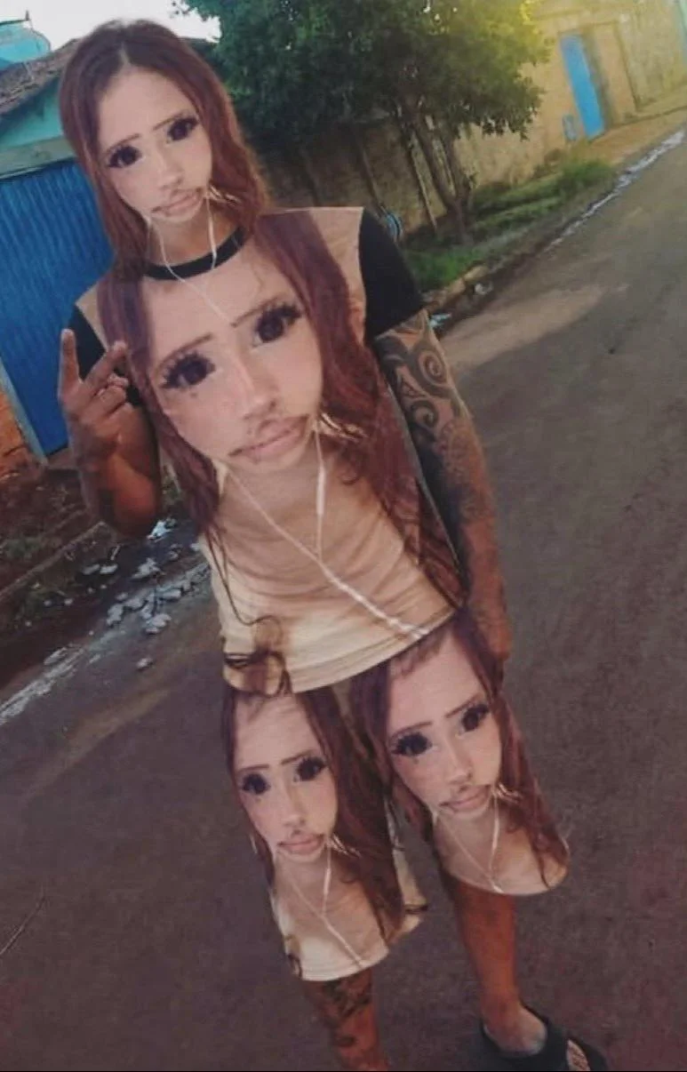 Person on a street wearing a shirt and pants printed with repeating misery girl faces