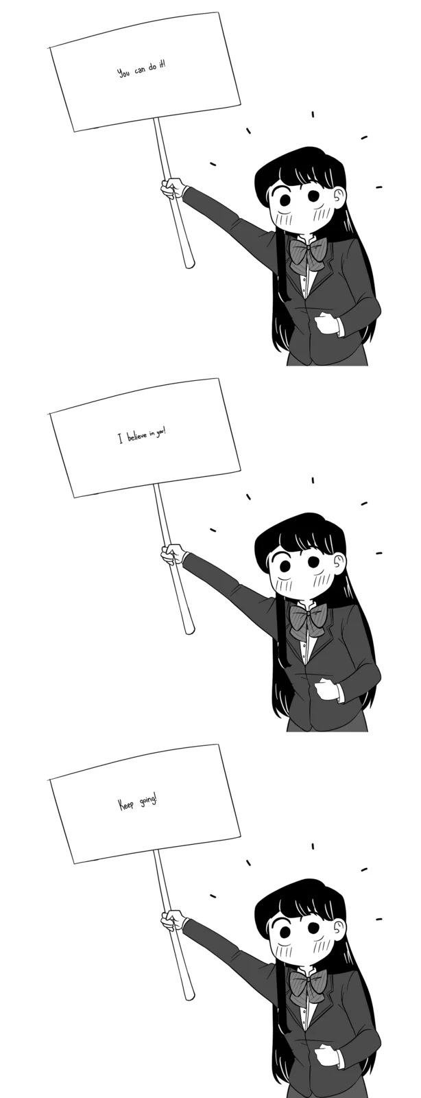Komi Can't Communicate — Chibi Komi holding encouragement signs in three panels
