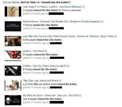 YouTube search results listing many comments containing 'missed the like button'