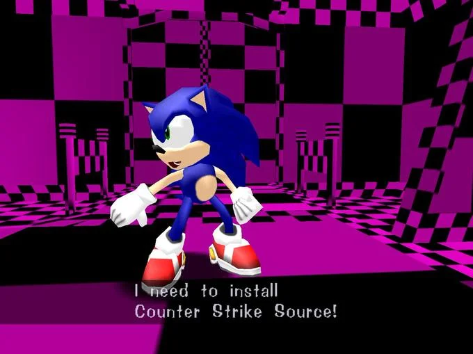 Missing Source Textures — Two-panel buy Counter Strike comic meme with missing texture checkerboard background