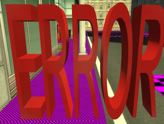 Missing Source Textures — 3D red ERROR sign on a road with the pink and black missing texture pattern