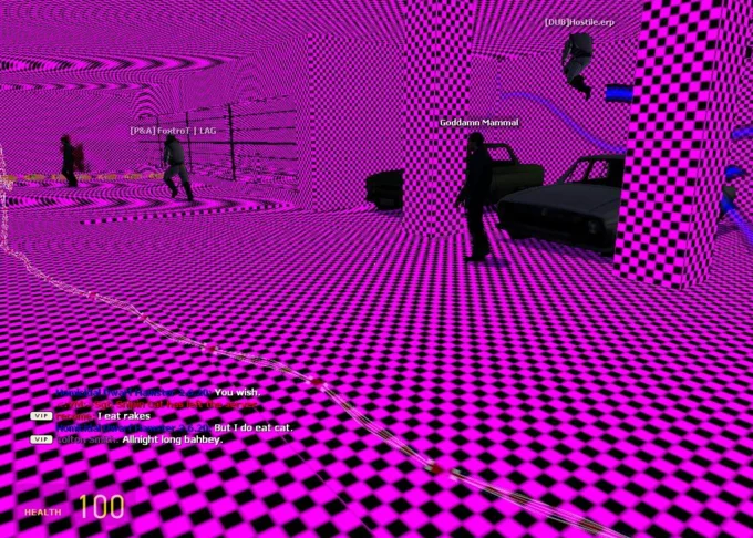 Missing Source Textures — Source engine multiplayer map with missing textures shown as pink and black checkerboard
