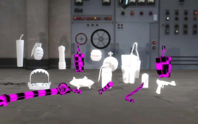 Missing Source Textures — Source engine weapon props displayed with some showing missing texture checkerboard pattern