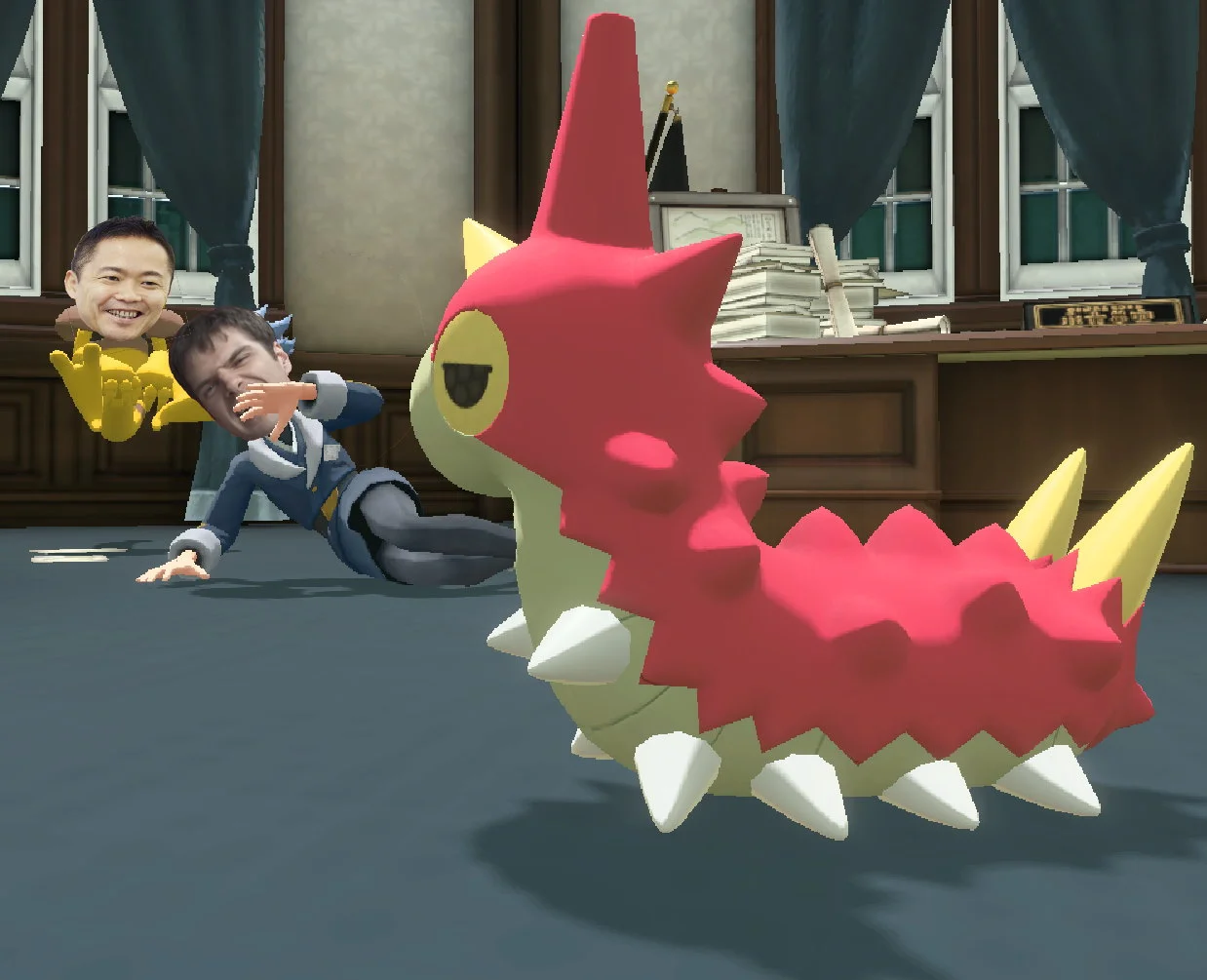 MISTAH MERRIKU — Ace Attorney scene with Wurmple and Masuda-faced characters on the courtroom floor