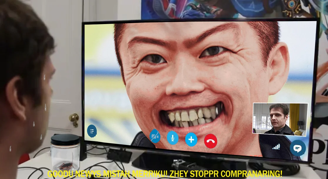 MISTAH MERRIKU — Smiling Masuda on video call with caption about fans no longer complaining, bug jar on desk