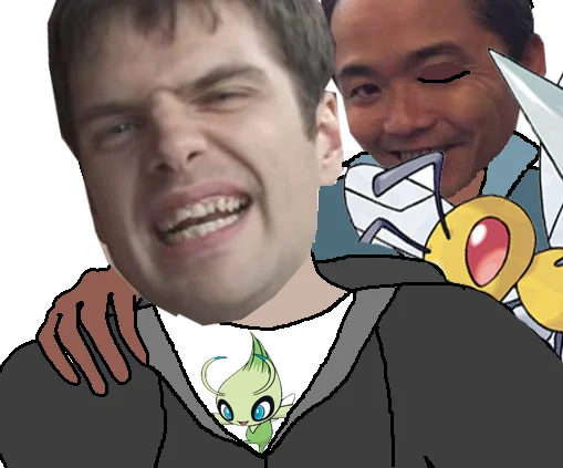 MISTAH MERRIKU — Masuda smiling with his arm around a cringing man beside Celebi and Beedrill Pokémon