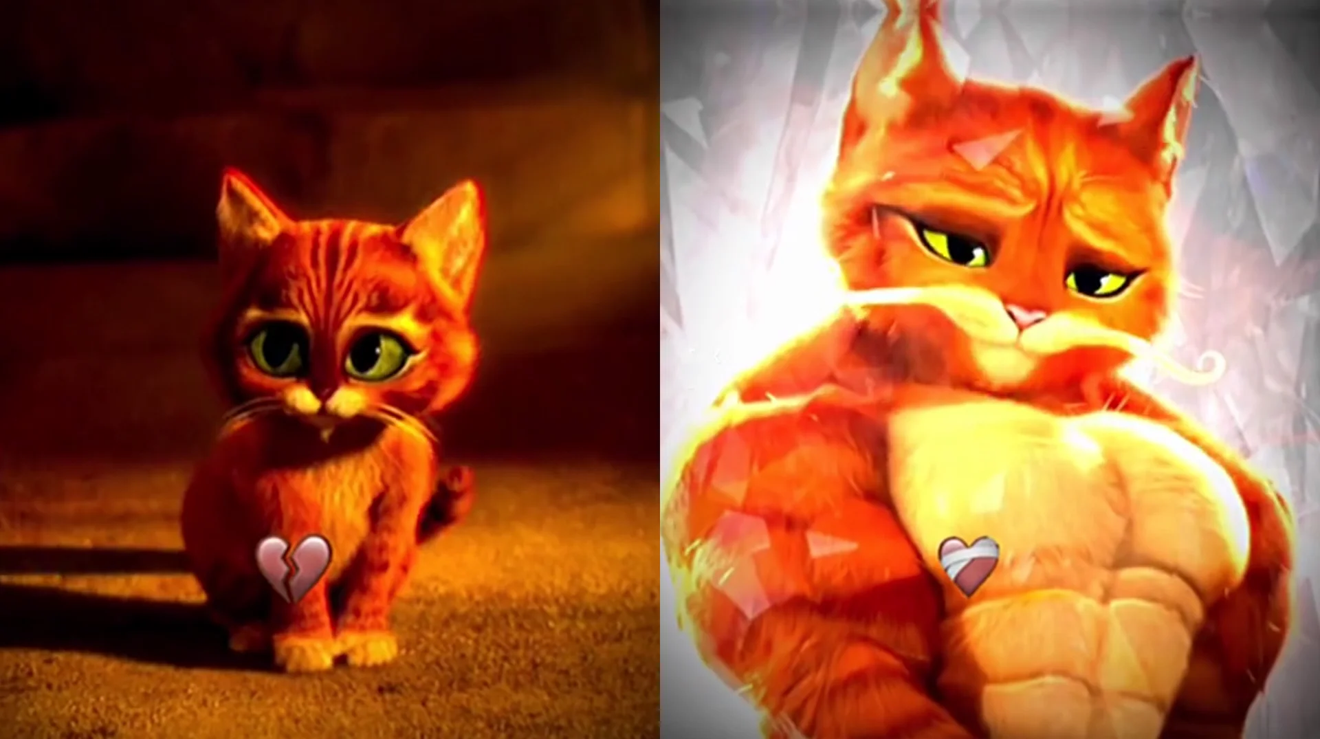 Mister Bombastic, Bomba Fantastic — Side-by-side comparison of sad kitten Puss in Boots with broken heart next to muscular buff Puss in Boots with mended heart