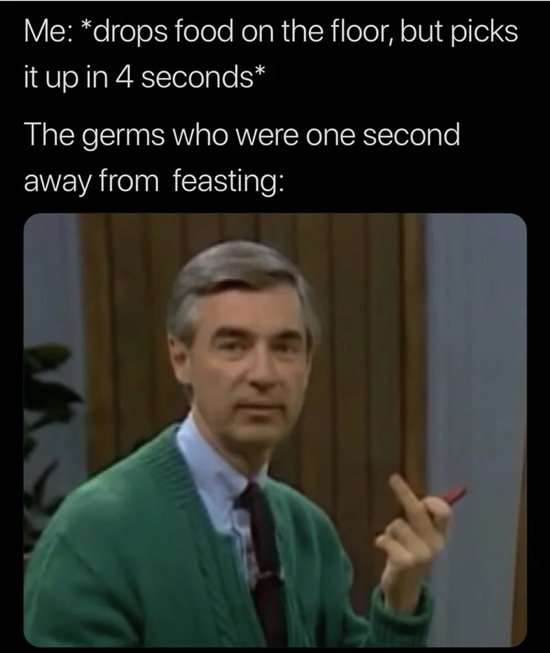 Mister Rogers pointing meme about the five-second rule and germs