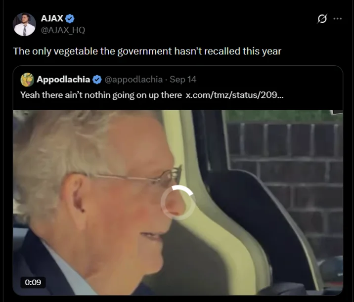 Mitch McConnell Blankly Staring In Car — AJAX tweet joking Mitch McConnell is a vegetable the government hasn't recalled