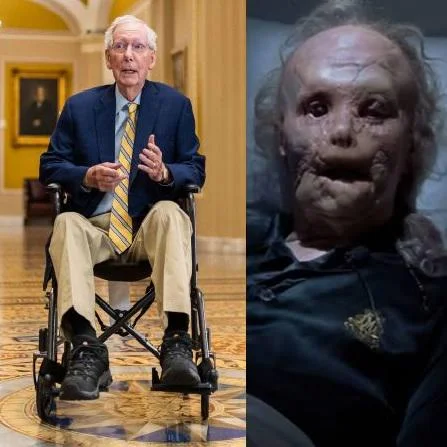 Mitch McConnell Blankly Staring In Car — Mitch McConnell in wheelchair next to horror movie doll comparison meme
