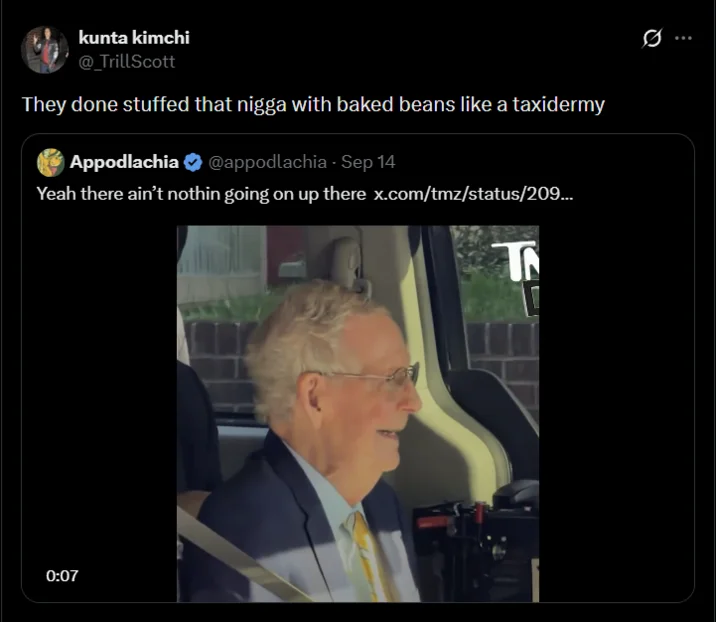 Mitch McConnell Blankly Staring In Car — Twitter reply quote-tweeting Mitch McConnell video with taxidermy joke