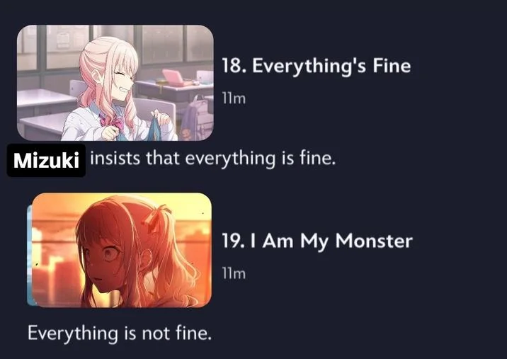 Mizu5 — Project Sekai chapter list showing Everything's Fine and I Am My Monster chapters
