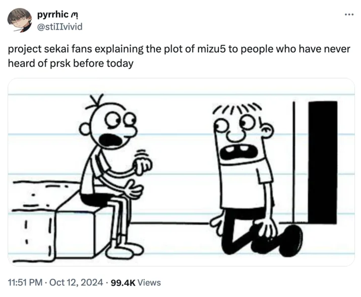 Tweet using Wimpy Kid meme about explaining mizu5 plot to non-fans