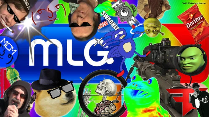 MLG Montage Parodies with central MLG logo, Doge, Doritos, Mountain Dew and internet imagery collage