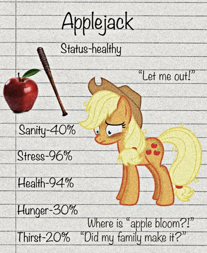 Mlp Infection — Applejack character with Pestraobia status infographic showing vital statistics and dialogue about infection onset.