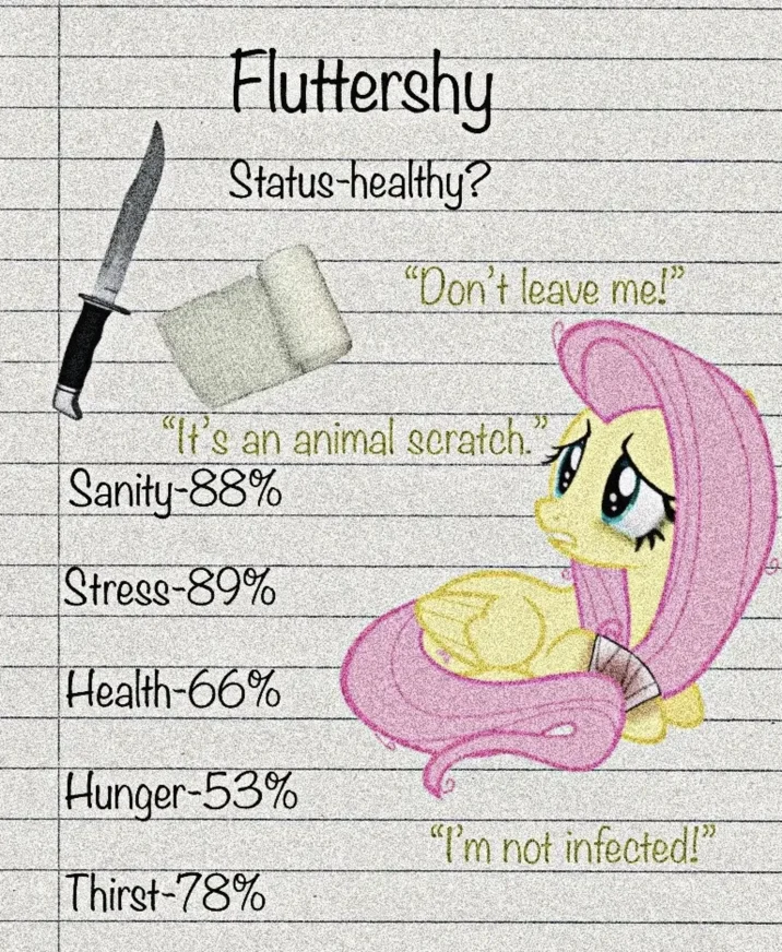 Mlp Infection — Pink and yellow Fluttershy with Pestraobia status chart showing health decline and denial dialogue.