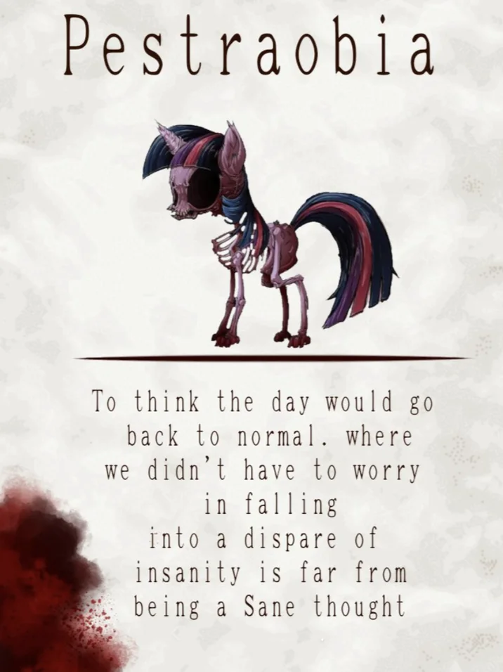 Mlp Infection — Dark illustration of grotesque decayed pony character beneath 'Pestraobia' title with existential horror narrative text.