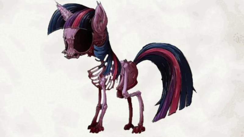 Mlp Infection — Dark digital illustration of pony transformed by infection into skeletal grotesque form with decay and hollow eye sockets.