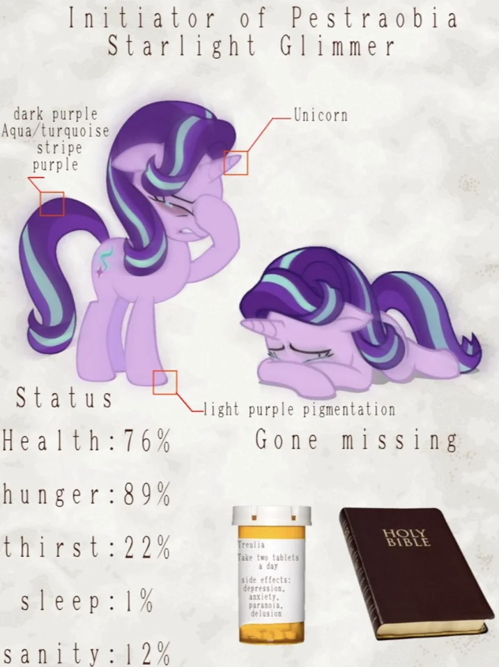 Mlp Infection — Two purple MLP pony characters labeled infected Starlight Glimmer with annotations of symptoms and health metrics.