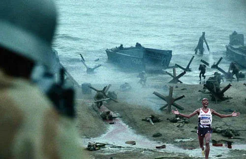 Mo Farah Running Away From Things — Photoshopped image placing Mo Farah on chaotic WWII D-Day beach with landing craft and smoke-filled background.