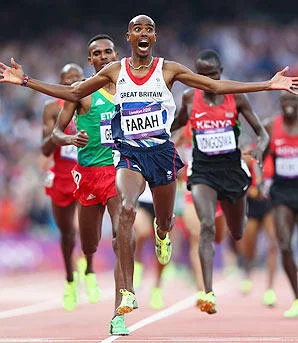 Mo Farah Running Away From Things — Tightly cropped version of Mo Farah's Olympic victory showing arms wide open, Great Britain bib visible, stadium behind.