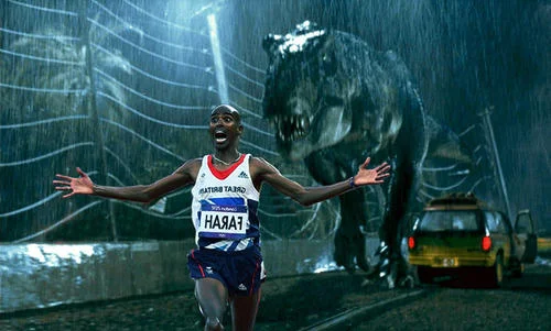 Mo Farah Running Away From Things — Photoshopped image placing Mo Farah fleeing massive T-Rex in rain-soaked Jurassic Park scene.