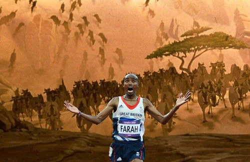 Mo Farah Running Away From Things — Photoshopped image placing Mo Farah in front of wildebeest stampede from Lion King with golden savanna backdrop.
