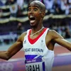 Mo Farah Running Away From Things — Tight portrait crop of Mo Farah's face during 2012 Olympic race showing exertion and elation with kit collar visible.