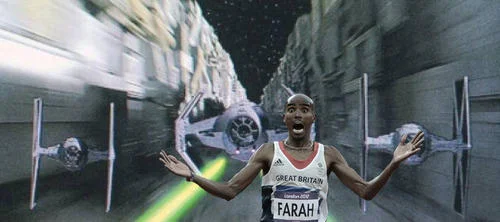 Mo Farah Running Away From Things — Photoshopped image placing Mo Farah in Death Star trench with TIE fighters and green lasers in narrow corridor.