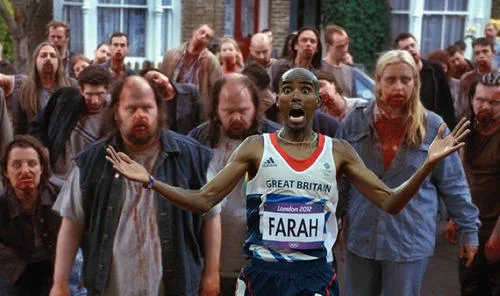 Mo Farah Running Away From Things — Photoshopped image of Mo Farah fleeing hordes of zombies on suburban British street covered in blood.