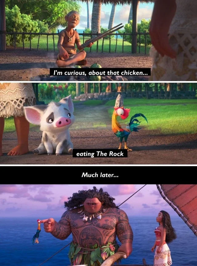 Three-panel Moana meme joking about Heihei eating The Rock (Dwayne Johnson/Maui).