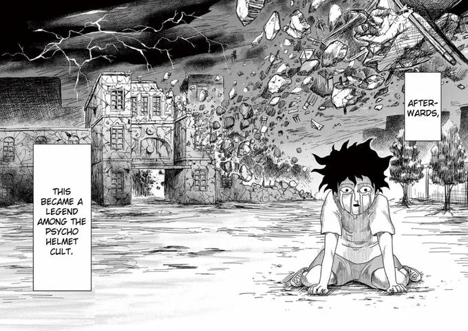 Mob Psycho 100 — Manga spread of Mob sitting amid crumbling debris with 'Psycho Helmet Cult' narration