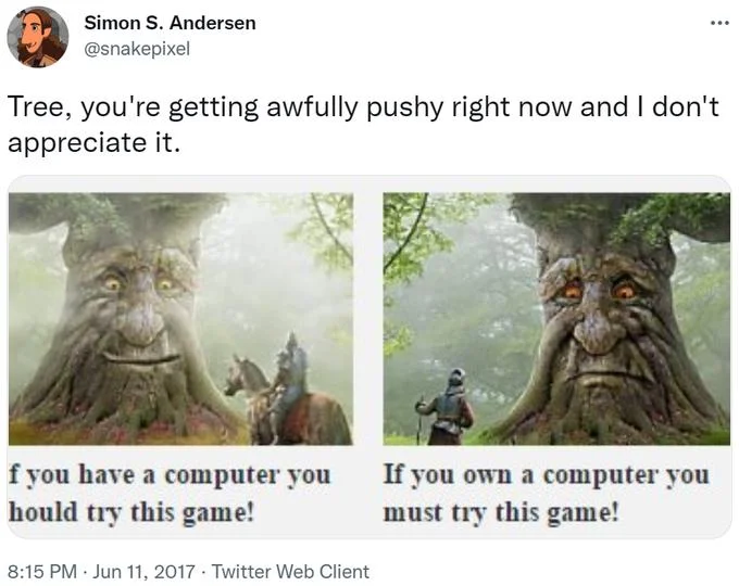 Mobile Game Ad Meme — Twitter meme comparing mobile game ad slogans with tree character reactions