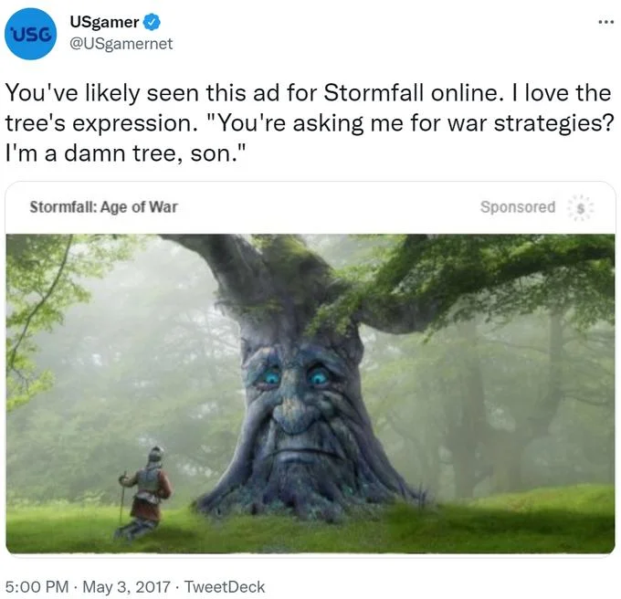 Mobile Game Ad Meme — Twitter post mocking Stormfall mobile game ad with confused tree character