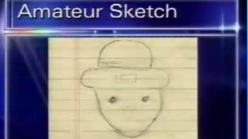 Mobile Leprechaun — WPMI news broadcast screenshot titled 'Amateur Sketch' displaying the leprechaun pencil drawing on lined paper