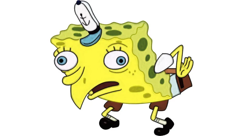 Mocking SpongeBob Text — SpongeBob's iconic shocked and annoyed facial expression isolated on white background.