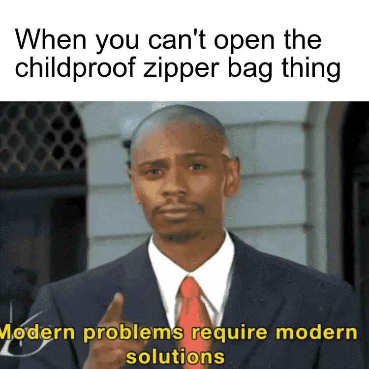Modern Problems Require Modern Solutions — Complete meme example showing Dave Chappelle pointing to temple with joke setup text and yellow catchphrase text.