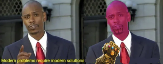 Modern Problems Require Modern Solutions — Creative artistic drawing adapting Chappelle's pointing pose with custom copyright text.